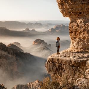 Woman on mountaintop staring into distance